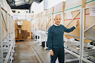 Buy stock photo Businessman, warehouse and portrait of industrial factory with inventory, product and cargo. Manager, investor or director with smile by supply chain for logistics, production and shipping for retail