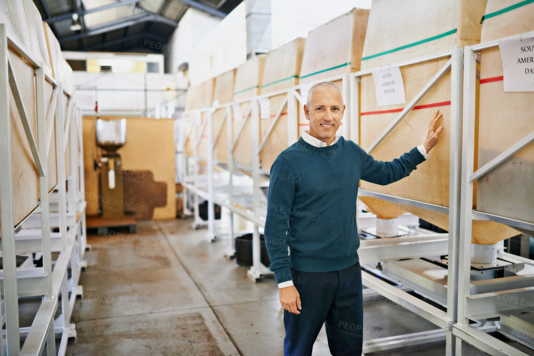 Buy stock photo Businessman, warehouse and portrait of industrial factory with inventory, product and cargo. Manager, investor or director with smile by supply chain for logistics, production and shipping for retail