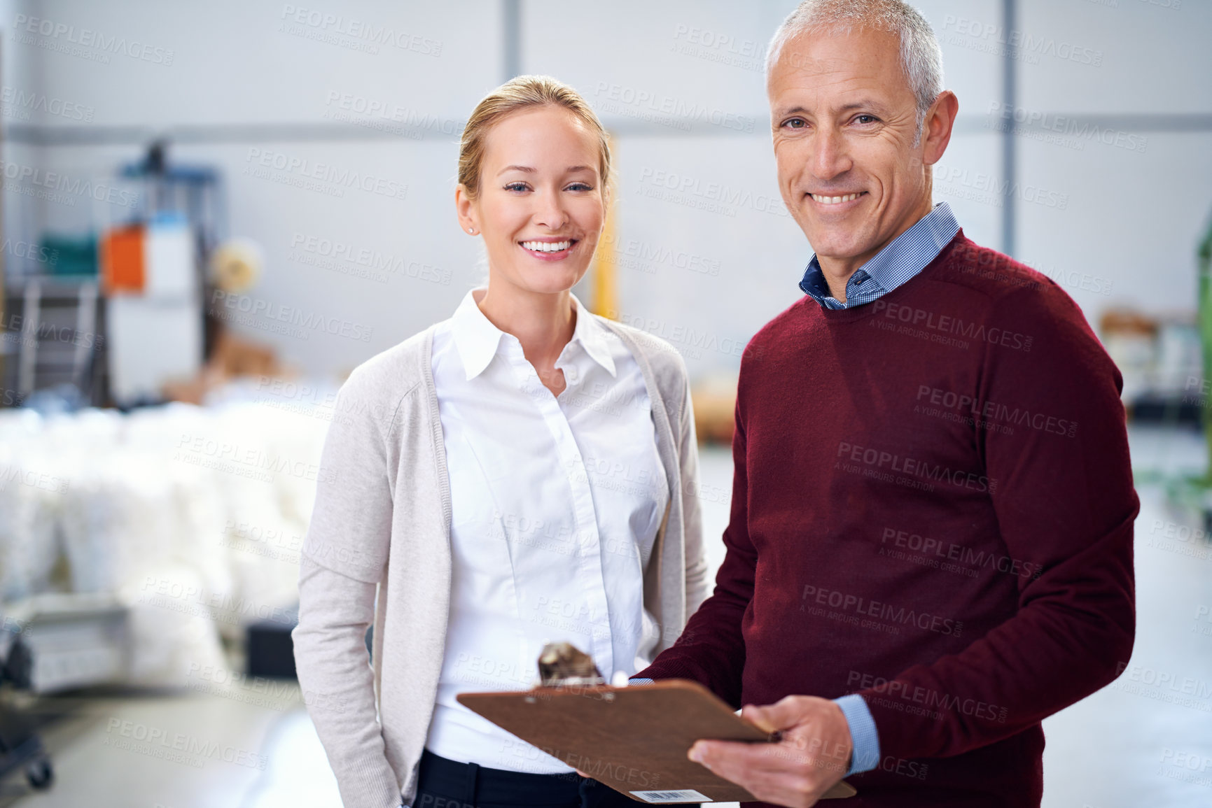 Buy stock photo Warehouse, clipboard or business people portrait with retail, checklist or planning, inventory or stock check. Supply chain, paperwork or factory team with ecommerce, compliance or logistic documents