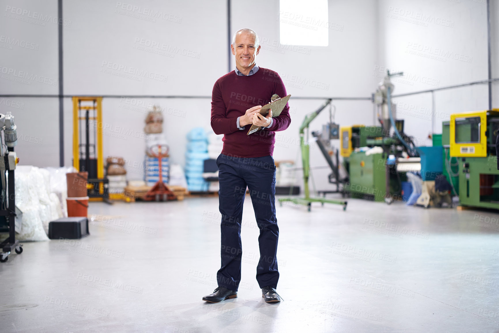 Buy stock photo Checklist, manufacturing or portrait of man in factory with stock in workshop, supply chain or production. Smile, clipboard or senior manager in warehouse for industrial process, plastic or resources