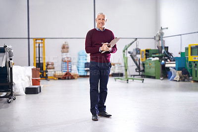 Buy stock photo Checklist, mature or portrait of man in factory with stock in workshop, supply chain or production. Smile, clipboard note or happy manager in warehouse for industrial process, inspection or resources
