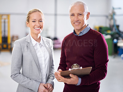 Buy stock photo Warehouse, portrait or business people with retail clipboard, checklist or planning, inventory or stock check. Supply chain, paperwork or factory team with ecommerce, compliance or logistic documents