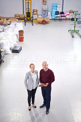 Buy stock photo Inspection, teamwork or portrait of people in factory for stock in workshop, supply chain or production. Above, clipboard or happy managers in warehouse for industrial process, checklist or resources