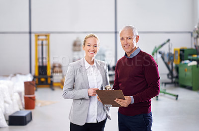 Buy stock photo Checklist, teamwork or portrait of people in warehouse for stock in workshop, supply chain or production. Woman, clipboard or happy managers in factory for industrial process, inspection or resources