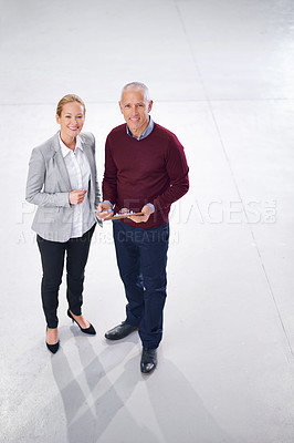 Buy stock photo Top view, teamwork or portrait of people in factory for stock in workshop, supplier or production. Inspection, clipboard or happy managers in warehouse for industrial process, checklist or resources
