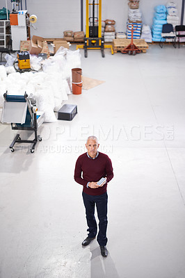 Buy stock photo Top view, tablet and senior businessman at a warehouse for stock, cargo or quality control inspection. Ecommerce, supply chain and factory manager with logistics app, planning or procurement search