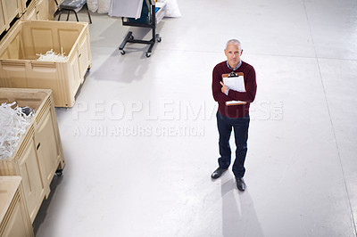 Buy stock photo Top view, checklist or portrait of man in factory inspection for stock in a plant, supplier or production. Manufacturing, clipboard or manager on warehouse floor for plastic, logistics or resources