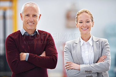 Buy stock photo Logistics, warehouse and portrait of business people with arms crossed for teamwork, career and pride. Mature man, woman and smile with confidence for supply chain, service and export industry