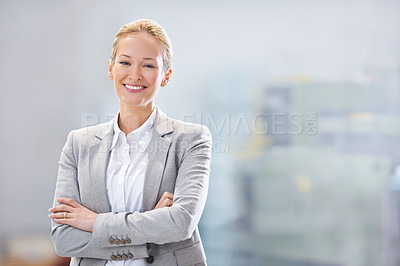 Buy stock photo Business, portrait and happy woman with arms crossed in warehouse, workshop or logistics startup. Face, pride and female manager smile at a factory for ecommerce, retail or online shopping delivery