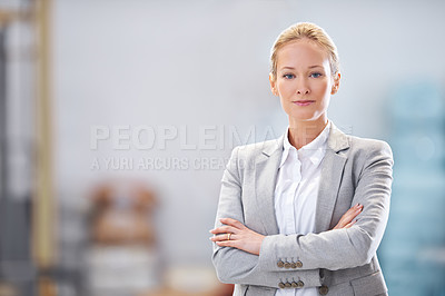 Buy stock photo Serious, crossed arms and portrait of business woman with company pride, confidence and startup in office. Corporate, professional worker and person for career, work opportunity and job ambition