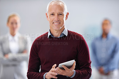 Buy stock photo Happy, tablet or senior businessman portrait at warehouse with quality control team for stock, cargo or inspection. Ecommerce, supply chain or factory manager with logistic app, procurement or search