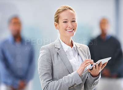 Buy stock photo Tablet, happy and portrait of business woman with team for online research, website and networking. Office, corporate worker and confident person on digital tech for planning, internet and contact