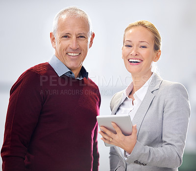 Buy stock photo Portrait, warehouse and business people with tablet for social media, review or service feedback. Supply chain, face or factory team with online shopping, research or digital procurement checklist