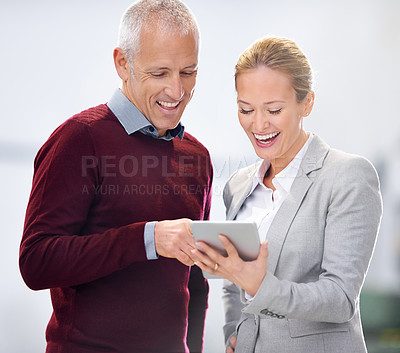 Buy stock photo Laugh, tablet and business people at a warehouse for social media, review or funny feedback. Supply chain, search and factory team with gif, meme or joke for brainstorming digital inventory checklist