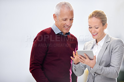 Buy stock photo Tablet, warehouse and business people laughing at social media, review or funny feedback. Supply chain, search or factory team with gif, meme or joke while brainstorming digital procurement checklist