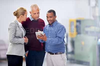 Buy stock photo Business people, teamwork and tablet with conversation, planning and cooperation with digital app. Staff, discussion and men with woman or technology with internet or brainstorming with collaboration