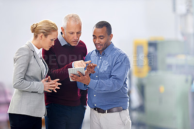 Buy stock photo Business people, startup and tablet with conversation, planning and brainstorming with connection. Staff, coworkers and men with woman and technology with internet, talk or social media with teamwork