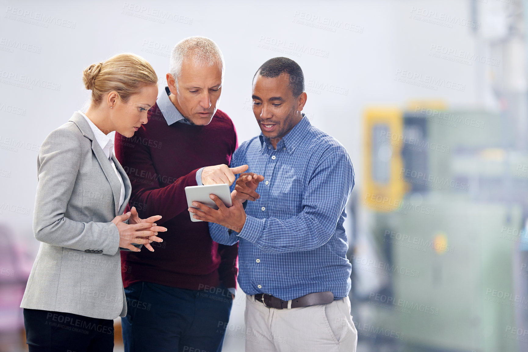 Buy stock photo Business people, startup and tablet with conversation, planning and brainstorming with connection. Staff, coworkers and men with woman and technology with internet, talk or social media with teamwork