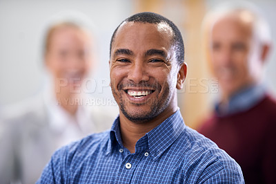 Buy stock photo Portrait, businessman and happy as warehouse professional for shipping and distribution worker in factory. Diversity, smile face or inspector on site or quality assurance or pride in industrial plant