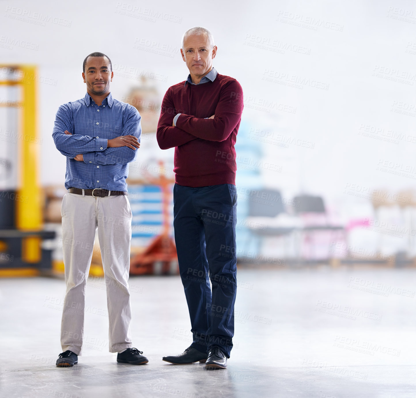 Buy stock photo Portrait of two factory managers doing a warehouse inspection