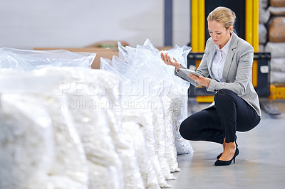Buy stock photo Warehouse, tablet or inspection of stock by business woman, digital or quality assurance of raw material. Factory, planning or female inspector on site or technology for online research on inventory