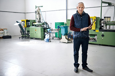 Buy stock photo Man, confident and manager of warehouse with clipboard for stock taking in manufacturing, distribution and package for supplier. Portrait, mature and logistics in factory with machines and storehouse