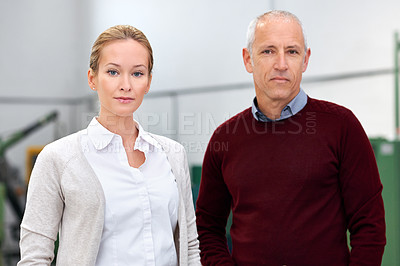 Buy stock photo Serious, corporate and portrait of business people with confidence for teamwork, career and pride. Mature man, woman and smile with satisfaction for collaboration, partnership or support at workplace