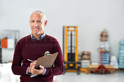 Buy stock photo Checklist, senior or portrait of man in factory with stock in workshop, supply chain or production. Smile, clipboard note or happy manager in warehouse for industrial process, inspection or resources