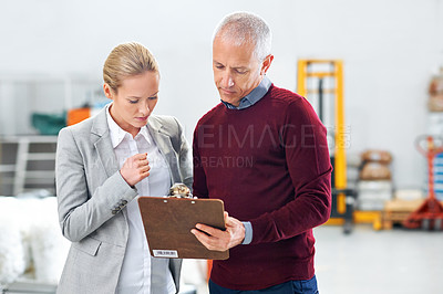 Buy stock photo Retail, clipboard or business people in warehouse for cargo checklist, brainstorming or planning delivery logistic. Supply chain, documents or factory team for ecommerce, compliance or stock solution