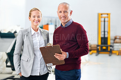 Buy stock photo Inspection, teamwork or portrait of people in warehouse for stock in workshop, supply chain or production. Woman, clipboard or happy managers in factory for industrial process, checklist or resources