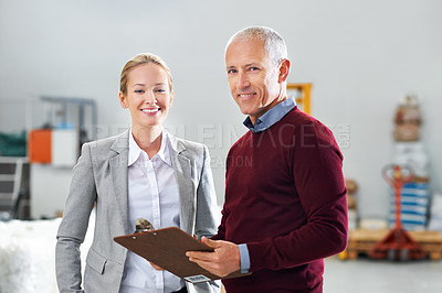 Buy stock photo Checklist, teamwork or portrait of people in factory for stock in workshop, supply chain or production. Woman, clipboard or happy managers in warehouse for industrial process, inspection or resources