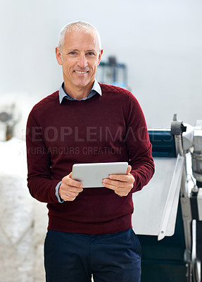 Buy stock photo Tablet, portrait and senior businessman at warehouse for stock, cargo or quality control inspection. Ecommerce, supply chain or male factory manager with logistics app, planning or procurement search