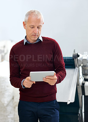 Buy stock photo Tablet, retail and senior businessman at a warehouse for stock, cargo or quality control inspection. Ecommerce, supply chain or male factory manager with logistics app, planning or procurement search