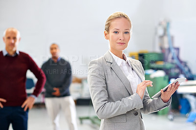 Buy stock photo Portrait, tablet or business woman at warehouse with team for stock, cargo or quality control inspection. Ecommerce, supply chain or factory manager with logistics app, planning or procurement search