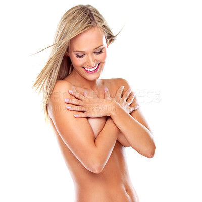 Buy stock photo Smile, skin and woman nude for beauty, cosmetics and art for creativity isolated on white background. Female person, sexy and happy with mockup in studio backdrop for skincare, body or dermatology