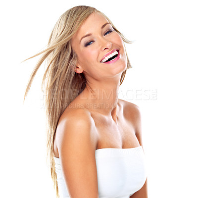 Buy stock photo Smile, beauty and portrait of happy female person, skincare and cosmetology on white background. Laugh, hair and salon for confident woman model, wellness or makeup for dermatology or cosmetics