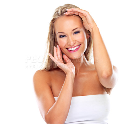 Buy stock photo Portrait, beauty and skincare for happy female person, hands and frame with smile on white background. Laugh, hair and salon for confident woman model, wellness or makeup for dermatology or cosmetics