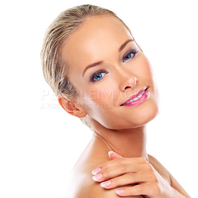 Buy stock photo Beauty, skincare and portrait of female person, skin and hand for cosmetology isolated on white background. Face, makeup or dermatology for confident woman model, wellness and cosmetic in studio