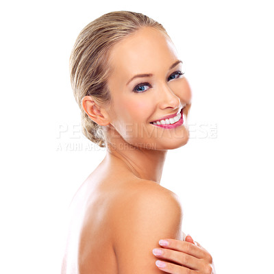 Buy stock photo Beauty, skincare and portrait of female person, smile and hand for cosmetology isolated on white background. Face, makeup or dermatology for confident woman model, wellness and cosmetic in studio