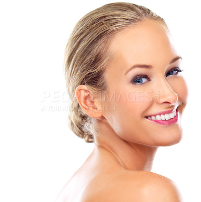 Buy stock photo Beauty, skincare and portrait of female person, smile and hand for cosmetology on white background. Face, spa treatment or dermatology for confident woman model, wellness and cosmetic in studio