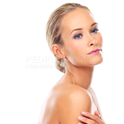 Buy stock photo Woman, skincare and beauty with studio, backdrop and satisfied for results with healthy skin in white background. Female person, face and cosmetic with pride, glow and dermatology for wellness
