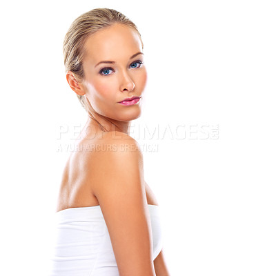 Buy stock photo Woman, skincare and beauty with studio, portrait and satisfied for results with healthy skin in white background. Female person, face and cosmetic with confidence, glow and dermatology for wellness