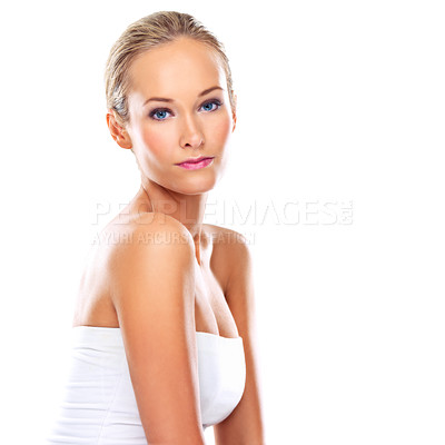 Buy stock photo Portrait, serious and beauty of woman, skincare and body wellness isolated on a white studio background mockup space. Face, makeup and blonde model in cosmetics for dermatology, glow or healthy skin