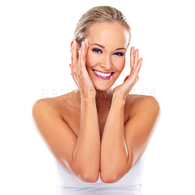 Buy stock photo Portrait, smile and beauty of woman, skincare and body wellness isolated on a white studio background. Face, makeup and happy blonde model touch skin with cosmetics for dermatology, glow or health