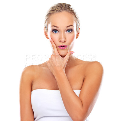 Buy stock photo Woman, portrait and skincare routine in studio, beauty and satisfaction on white background. Female person, pout and mockup space for cosmetics and results of facial, dermatology and aesthetic 