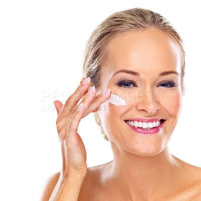 Buy stock photo Portrait, cream and skincare of happy woman for beauty, body or health isolated on a white studio background. Face, lotion and blonde model apply cosmetics for dermatology, wellness or makeup product
