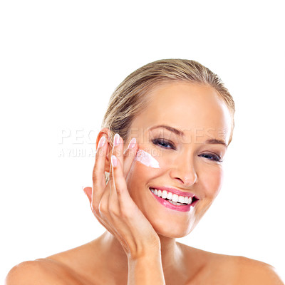 Buy stock photo Woman, portrait and skincare lotion or product in studio for treatment dermatology or wellness, white background or mockup. Female person, face and application for cream, moisturizer or self care
