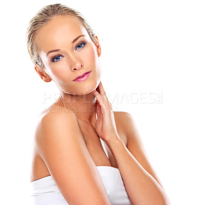 Buy stock photo Woman, portrait and makeup beauty in studio for cosmetic treatment for skincare smile, white background or mockup space. Female person, hands and model with facial dermatology, confidence or wellness