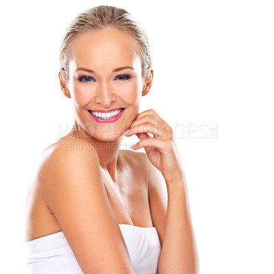 Buy stock photo Woman, portrait and makeup cosmetic in studio or beauty treatment for skincare smile, white background or mockup space. Female person, hands and model with facial dermatology, confidence or wellness