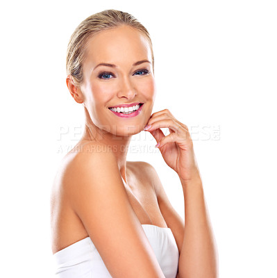 Buy stock photo Woman, portrait and makeup smile in studio or beauty treatment for skincare health, white background or mockup space. Female person, cosmetic and model with facial dermatology, confidence or wellness